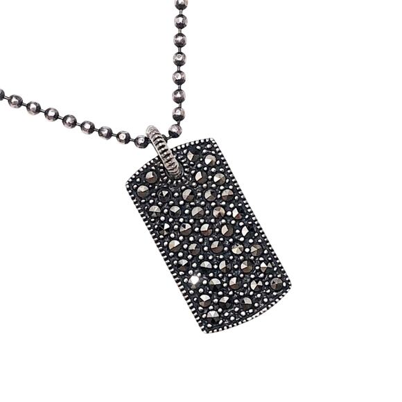 JUDITH JACK 925 Sterling Silver Ball Chain Marcasite Crystal Dog Tag Necklace - Picture 1 of 6